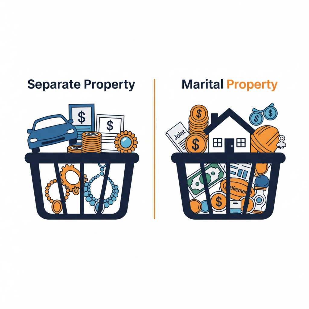 New Jersey courts consider whether the home is a marital or separate asset when dividing it. Diagram comparing marital vs. separate property in NJ divorce, highlighting the house.