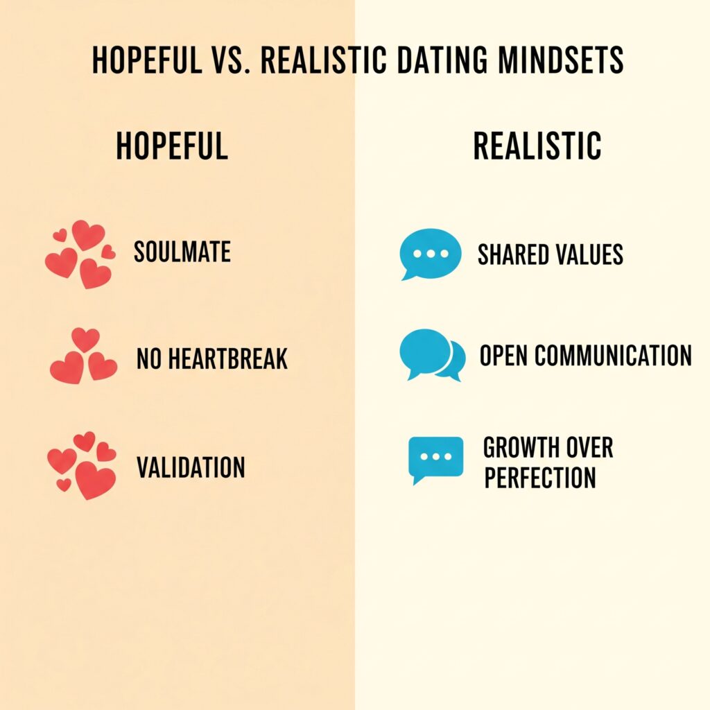 Chart comparing idealistic vs. realistic expectations when dating after divorce. Chart comparing idealistic vs. realistic expectations when dating after divorce.