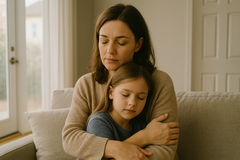 Mother and child feeling safe at home after receiving a Final Restraining Order in New Jersey. Mother and child feeling safe at home after receiving a Final Restraining Order in New Jersey.