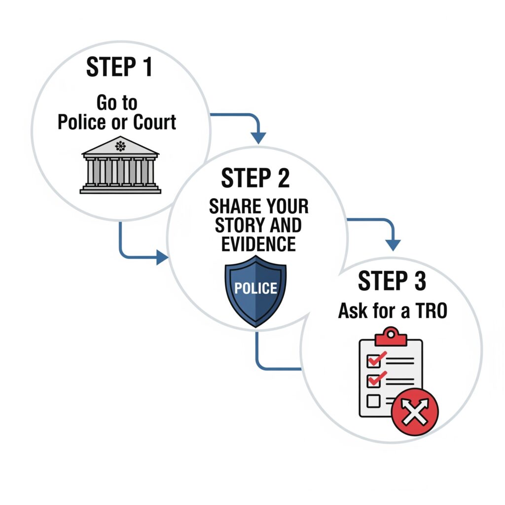 Flowchart showing how to get a Temporary Restraining Order in New Jersey. Flowchart showing how to get a Temporary Restraining Order in New Jersey.
